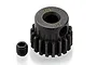 A black 18T 48P pinion gear with a grub screw sitting on a white surface.