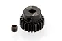 A black metal 20-tooth 48-pitch pinion gear with a grub screw, isolated on a white background.