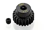 A black 21-tooth 48-pitch RC pinion gear with a matching grub screw on a white background.