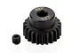 A black metal 22-tooth 48-pitch RC pinion gear with a small grub screw placed next to it on a white background.
