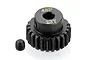 A black metal 23-tooth 48-pitch pinion gear with a small grub screw on a white background.