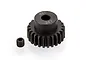 A black 24-tooth 48-pitch RC pinion gear with a small grub screw sitting on a white background.