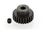 A dark grey metal 25T 48P pinion gear with a small grub screw on a white background.