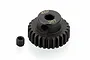 A black metal 26-tooth 48-pitch pinion gear with a small grub screw placed next to it on a white background.