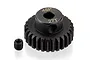 A black metal 27T 48P pinion gear for RC cars, shown with a small grub screw on a white background.