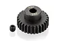 A black metal 28-tooth 48-pitch pinion gear with a small grub screw on a white background.