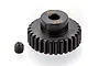 A black metal 29-tooth 48-pitch pinion gear with a small grub screw isolated on a white background.