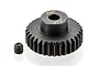 A black metal 31-tooth 48-pitch pinion gear with a small grub screw placed next to it on a white background.