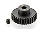 A black metal 32T 48P pinion gear for RC cars, shown with a small grub screw on a white background.