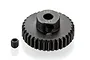 A black metal 34T 48P pinion gear with a small grub screw placed on a white background.