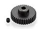 A black metal 35T 48P pinion gear with a small grub screw placed next to it on a white background.