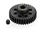 A black metal 36-tooth 48-pitch pinion gear with a small grub screw beside it on a white background.