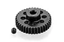 A black metal 38-tooth pinion gear with 48P pitch markings and a small grub screw on a white background.