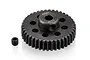 A black metal 40T 48P pinion gear with a small grub screw placed next to it on a white background.