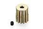 A gold-coloured 12-tooth 32dp pinion gear with a small black grub screw beside it on a white background.