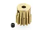 A brass 13-tooth 32-pitch pinion gear for RC cars, shown with a small black grub screw on a white background.