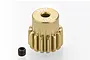 A gold-coloured 15-tooth 32 pitch RC pinion gear with a small black grub screw sitting on a white background.