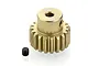 A gold-colored 19-tooth 32-pitch RC pinion gear with a small black grub screw beside it on a white background.