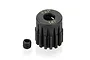 A black metal 14T 32P RC pinion gear with a small grub screw, isolated on a white background.