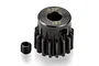 A black metal 16T 32dp pinion gear with a small grub screw sitting next to it on a white background.