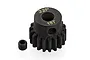 A black metal 18-tooth 32-pitch pinion gear with a small grub screw placed next to it on a white background.