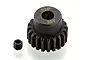 A black metal 20-tooth pinion gear with 32P pitch markings and a separate grub screw on a white background.