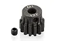 A black metal 13-tooth 1Mod pinion gear with a small grub screw placed next to it on a white background.