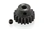 A black metal 18T 1Mod pinion gear with a small grub screw sitting next to it on a white background.