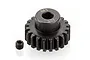 A black metal 20-tooth 1Mod pinion gear with a small grub screw sitting on a white background.