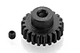 A black metal 21-tooth 1Mod pinion gear with a small grub screw placed next to it on a white background.