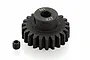 A black metal 22T 1Mod pinion gear with a small grub screw, isolated on a white background.