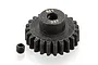 A black metal 23-tooth 1Mod pinion gear with a small grub screw, isolated on a white background.