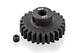 A black metal 25T 1Mod pinion gear with a small grub screw, isolated on a white background.