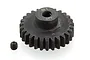 A black metal 27-tooth 1Mod pinion gear with a small grub screw, isolated on a white background.