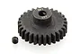 A black metal 29T 1Mod pinion gear with a small grub screw, isolated on a white background.