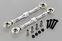 Two silver aluminium RC steering turnbuckles with rod ends, accompanied by four black screws, four metal spacers, and four black nylon lock nuts.
