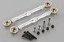 Two silver aluminium symmetrical steering linkages with rod ends, mounting hardware, and screws on a grey background.