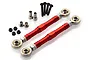 Two red anodized aluminium steering linkage turnbuckles with rod ends, mounting screws, nuts, and spacers for Rovan Baja RC cars.