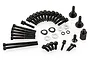 A collection of various black metal screws, bolts, washers, and a hex standoff for an RC engine hardware kit.