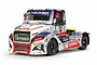 A Tamiya Buggyra Racing Fat Fox RC truck model, featuring a white, blue, and red racing livery with numerous sponsor decals on a white background.