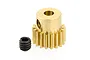 A brass 18-tooth pinion gear for RC cars with a separate black grub screw, isolated on a white background.