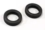 Two black rubber RC buggy front tyres with a ribbed tread pattern, shown from an overhead angle on a white background.
