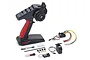 Kyosho Syncro 2.4GHz radio transmitter, receiver, electronic speed controller, and servo with various small mounting hardware and cables.