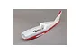 E-Flite Cherokee 1.3m painted RC plane fuselage in white and red, showing internal servo wiring and motor mount area.