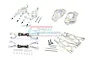 A collection of silver aluminium RC car upgrade parts including suspension arms, steering knuckles, and hardware on a white background.