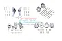 A set of GPM Racing grey aluminium portal drive components, including C-hubs, gearbox mounts, and various screws, arranged on a white background.