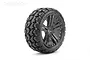 A single Jetko Ex-Tomahawk 3.3 inch belted RC buggy tyre mounted on a black multi-spoke Claw rim against a white background.