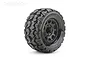 A single Jetko 1/10 scale Ex-Tomahawk monster truck tyre mounted on a black Claw rim against a white background.