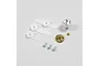 Spektrum servo parts set including three white plastic servo arms, two metal gears, and three small metal screws on a light grey background.