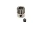 A 15-tooth steel pinion gear with a set screw, isolated on a white background.